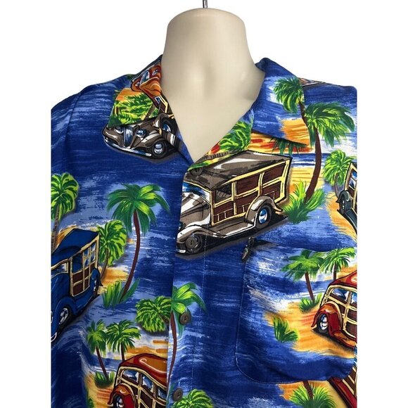 Blue Vintage All Over Print Hawaiian Floral Button Shirt 2XL Pocket Classic Cars - Picture 4 of 10